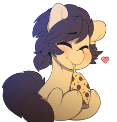 Size: 1280x1334 | Tagged: safe, artist:kribbles, oc, oc only, oc:kribbles, species:earth pony, species:pony, blushing, eyes closed, food, happy, heart, nom, pizza, solo