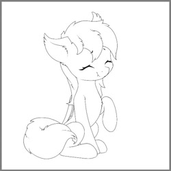Size: 597x596 | Tagged: safe, artist:freeedon, oc, oc only, species:bat pony, species:pony, eyes closed, female, folded wings, happy, lineart, mare, monochrome, raised hoof, sitting, sketch, smiling, solo
