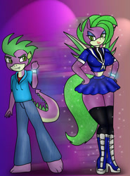 Size: 968x1308 | Tagged: safe, artist:odiz, character:barb, character:spike, species:anthro, species:dragon, dragon to pony, kampfer, male to female, ponified spike, rule 63, transformation, transgender transformation