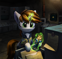 Size: 1319x1267 | Tagged: safe, artist:inowiseei, oc, oc only, oc:littlepip, species:pony, species:unicorn, fallout equestria, :<, art trade, crossover, fallout, fallout 3, female, glowing horn, judging, magic, mare, pipbuck, russian, solo, translated in the comments, vault boy, vault suit, vault-tec