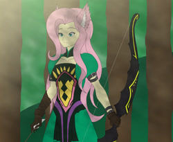 Size: 2970x2433 | Tagged: safe, artist:pyrus-leonidas, character:fluttershy, my little pony:equestria girls, animal ears, archer, archer of red, arrow, atalanta, bow (weapon), bow and arrow, clothing, crossover, fate/apocrypha, fate/grand order, female, forest, smiling, solo, tauropolos, tree, weapon