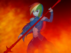 Size: 3117x2339 | Tagged: safe, artist:pyrus-leonidas, character:lancer, character:rainbow dash, my little pony:equestria girls, badass, belly button, clothing, cosplay, costume, crossover, cu chulainn, fate/stay night, female, fire, gae bolg, looking at you, solo, spear, weapon