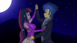 Size: 2988x1677 | Tagged: safe, artist:pyrus-leonidas, character:flash sentry, character:twilight sparkle, ship:flashlight, my little pony:equestria girls, breasts, busty twilight sparkle, clothing, dancing, dress, female, full moon, looking at each other, male, moon, night, shipping, straight