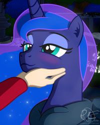 Size: 1600x2000 | Tagged: safe, artist:ponyecho, character:princess luna, species:alicorn, species:human, species:pony, blushing, clothing, cute, duo, female, human on pony action, human on pony petting, interspecies, lidded eyes, lunabetes, mare, petting, ponyecho is trying to murder us, show accurate, smiling, true love princesses
