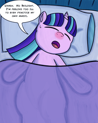 Size: 2400x3000 | Tagged: safe, artist:saburodaimando, character:starlight glimmer, species:pony, species:unicorn, bed, blanket, cold, dialogue, eyes closed, female, implied twilight sparkle, on back, open mouth, pillow, red nosed, sick, solo, sweat, sweatdrop
