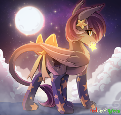 Size: 1500x1428 | Tagged: safe, artist:redchetgreen, oc, oc only, oc:shadowgale, species:pony, clothing, cloud, commission, female, hybrid, leonine tail, long tail, looking back, mare, moon, mouth hold, night, original species, smiling, socks, solo, stars, ych result