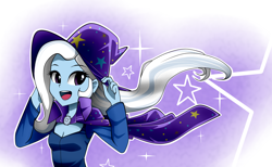 Size: 1300x800 | Tagged: safe, artist:nekojackun, character:trixie, my little pony:equestria girls, breasts, cape, cleavage, clothing, cute, diatrixes, female, hat, open mouth, smiling, solo, trixie's cape, trixie's hat
