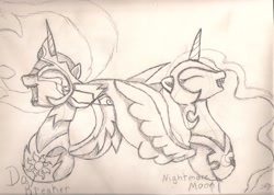 Size: 2330x1658 | Tagged: safe, artist:silversthreads, character:daybreaker, character:nightmare moon, character:princess celestia, character:princess luna, species:alicorn, species:pony, episode:a royal problem, g4, my little pony: friendship is magic, daily sketch, evil laugh, sketch, traditional art