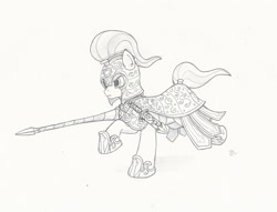 Size: 2603x1985 | Tagged: safe, artist:sensko, species:crystal pony, species:pony, armor, black and white, dagger, grayscale, lance, monochrome, pencil drawing, simple background, sketch, traditional art, weapon, white background