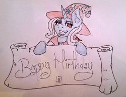 Size: 873x675 | Tagged: safe, artist:dimvitrarius, character:trixie, species:pony, species:unicorn, banner, female, grin, happy birthday, smiling, solo, spoonerism, traditional art
