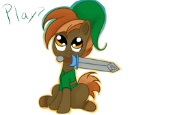 Size: 2874x1941 | Tagged: safe, artist:silversthreads, character:button mash, species:earth pony, species:pony, :3, :i, boots, buttonbetes, clothing, colt, crossover, cute, dialogue, foal, hat, link, looking up, male, mouth hold, nom, shoes, simple background, sitting, smiling, solo, sword, text, the legend of zelda, the legend of zelda: ocarina of time, transparent background, weapon