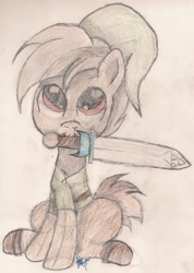 Size: 1382x1939 | Tagged: safe, artist:silversthreads, character:button mash, species:pony, buttonbetes, clothing, colored pencil drawing, colored sketch, colt, crossover, cute, foal, male, sketch, solo, sword, the legend of zelda, the legend of zelda: ocarina of time, traditional art, weapon