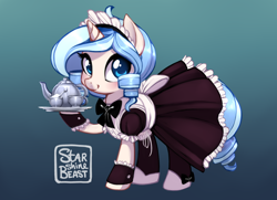 Size: 1024x740 | Tagged: safe, artist:starshinebeast, oc, oc only, oc:opuscule antiquity, species:pony, species:unicorn, clothing, cup, cute, female, food, french maid, looking at you, maid, mare, ocbetes, platter, smiling, solo, spoon, sugar (food), tea set, teacup, teapot