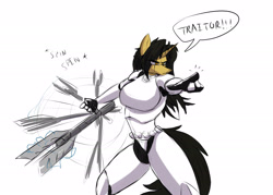 Size: 2500x1789 | Tagged: safe, artist:thedrunkcoyote, oc, oc only, oc:amber steel, species:anthro, species:pony, species:unicorn, spoilers for another series, armor, big breasts, blade, breasts, clothing, cosplay, costume, crossover, dialogue, female, fn-2199, good trick, solo, spinning, star wars, star wars: the force awakens, stormtrooper, tr-8r, traitor