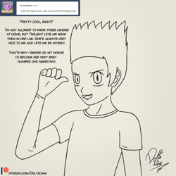Size: 1000x1000 | Tagged: safe, artist:deltalima, character:spike, species:human, contact lens, dialogue, humanized, long sleeves, tumblr