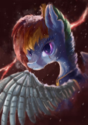 Size: 1240x1755 | Tagged: safe, artist:plainoasis, character:rainbow dash, species:pegasus, species:pony, episode:the cutie re-mark, alternate timeline, amputee, apocalypse dash, augmented, bust, clothing, crystal war timeline, female, lightning, looking at you, mare, portrait, prosthetic limb, prosthetic wing, prosthetics, rain, scar, serious, serious face, solo, spread wings, torn ear, wings