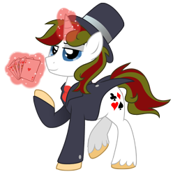 Size: 3717x3752 | Tagged: safe, artist:lostinthetrees, oc, oc only, oc:trickshot, species:pony, species:unicorn, card, clothing, hat, high res, magic, male, raised leg, simple background, solo, stallion, suit, top hat, transparent background