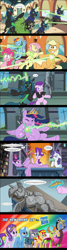 Size: 762x2855 | Tagged: safe, artist:atariboy2600, character:applejack, character:discord, character:fluttershy, character:maud pie, character:pinkie pie, character:queen chrysalis, character:rainbow dash, character:rarity, character:starlight glimmer, character:sunset shimmer, character:thorax, character:trixie, character:twilight sparkle, character:twilight sparkle (alicorn), species:alicorn, species:changeling, species:draconequus, species:pony, species:reformed changeling, species:unicorn, comic, death, female, laser, mane six, mare, petrification, the transformers: the movie, this will end in tears, transformers