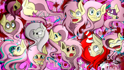 Size: 3309x1861 | Tagged: safe, artist:lixthefork, character:flutterbat, character:fluttershy, character:saddle rager, species:bat pony, species:pegasus, species:pony, .mov, episode:power ponies, g4, my little pony: friendship is magic, blood, cheering, discorded, elements of insanity, emoshy, eyes closed, female, flutterbitch, flutterrage, fluttershed, fluttershout, flutteryay, headband, mare, multeity, race swap, rainbow power, shed.mov, so much flutter, stare, the stare, yay