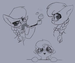 Size: 1077x895 | Tagged: safe, artist:inowiseei, character:silver spoon, species:pony, bubble pipe, bust, chest fluff, cute, fake moustache, female, glasses, monochrome, portrait, silly, silly pony, silly spoon, silverbetes, sketch, solo