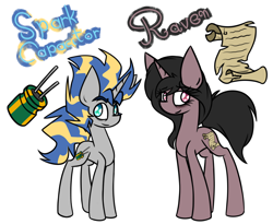 Size: 2200x1800 | Tagged: safe, artist:nekro-led, oc, oc only, oc:raven, oc:spark capacitor, species:pony, species:unicorn, bags under eyes, capacitor, couple, cutie mark, parent, scroll, size difference