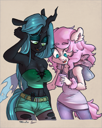 Size: 1201x1500 | Tagged: safe, artist:atane27, artist:trgreta, character:queen chrysalis, oc, oc:fluffle puff, species:anthro, species:changeling, species:earth pony, species:pony, armpits, breasts, busty queen chrysalis, cellphone, changeling queen, cleavage, clothing, female, phone, shorts