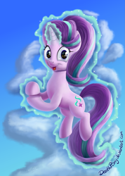 Size: 1423x2000 | Tagged: safe, artist:deathpwny, character:starlight glimmer, species:pony, species:unicorn, 8^y, clapping, cloud, cute, female, glimmerbetes, glowing horn, levitation, looking at you, magic, mare, mocking, open mouth, reflection, sarcasm, self-levitation, sky, smiling, smug, smuglight glimmer, solo, sparkles, starlight says bravo, telekinesis, wide eyes