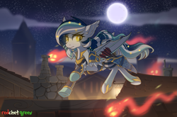 Size: 2061x1363 | Tagged: safe, artist:redchetgreen, oc, oc only, oc:wistful galaxy, species:bat pony, species:pony, archer, arrows, bat pony oc, building, clothing, commission, full moon, houses, moon, rooftop, scenery, stars, ych result