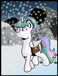 Size: 1163x1528 | Tagged: safe, artist:moonlightfan, character:princess celestia, species:alicorn, species:pony, alternate hairstyle, female, frozen north, saddle bag, snow, solo