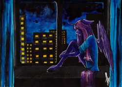 Size: 2454x1739 | Tagged: safe, artist:stirren, character:twilight sparkle, character:twilight sparkle (alicorn), species:alicorn, species:anthro, species:pony, species:unguligrade anthro, city, female, horn, mare, night, sitting, solo, traditional art, window, wings