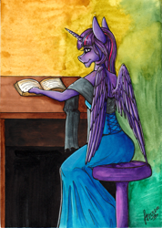 Size: 1752x2455 | Tagged: safe, artist:stirren, character:twilight sparkle, character:twilight sparkle (alicorn), species:alicorn, species:anthro, species:pony, clothing, dress, female, mare, princess, reading, sitting, solo, traditional art
