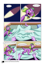 Size: 1000x1394 | Tagged: safe, artist:atariboy2600, artist:bluecarnationstudios, character:spike, character:spike (dog), character:twilight sparkle, species:dog, comic:the amazonian effect, comic:the amazonian effect ii, my little pony:equestria girls, alternate universe, blanket, comic, duo, explicit series, first person view, implied flashlight, implied shipping, implied straight, offscreen character, patreon, patreon logo, pov, spike is not amused, unamused, waking up