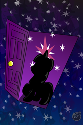 Size: 704x1063 | Tagged: safe, artist:moonlightfan, character:twilight sparkle, character:twilight sparkle (alicorn), species:alicorn, species:pony, door, female, silhouette, solo, the twilight zone
