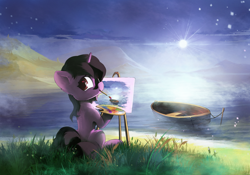 Size: 2000x1400 | Tagged: safe, artist:freeedon, oc, oc only, species:pony, species:unicorn, boat, female, mare, mountain, mouth hold, ocean, paintbrush, painting, plein air, solo