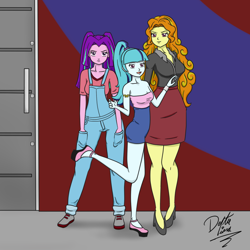 Size: 1000x1000 | Tagged: safe, artist:deltalima, character:adagio dazzle, character:aria blaze, character:sonata dusk, my little pony:equestria girls, alternate costumes, armlet, bracelet, breasts, cleavage, clothing, high heels, jewelry, miniskirt, overalls, pigtails, ponytail, pose, shirt, shoes, skirt, twintails