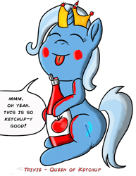 Size: 2550x3300 | Tagged: safe, artist:saburodaimando, character:trixie, species:pony, species:unicorn, crown, eyes closed, female, food, jewelry, ketchup, mare, messy, queen, regalia, sauce, simple background, splatoon, transparent background