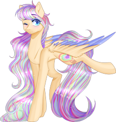 Size: 1188x1255 | Tagged: safe, artist:clefficia, oc, oc only, oc:skye, species:pegasus, species:pony, colored wings, female, mare, multicolored wings, one eye closed, raised leg, simple background, solo, transparent background, wink