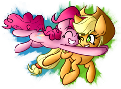 Size: 2132x1572 | Tagged: safe, artist:nekro-led, character:applejack, character:pinkie pie, species:earth pony, species:pony, ship:applepie, episode:fame and misfortune, g4, my little pony: friendship is magic, abstract background, female, glomp, hug, lesbian, shipping, tackle