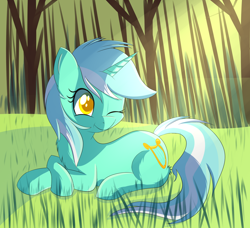 Size: 1744x1588 | Tagged: safe, artist:brok-enwings, character:lyra heartstrings, species:pony, species:unicorn, chest fluff, colored pupils, female, one eye closed, prone, smiling, solo