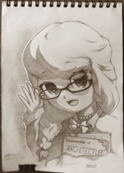 Size: 2680x3744 | Tagged: safe, artist:freeedon, character:silver spoon, species:human, book, clothing, female, glasses, high res, humanized, jewelry, monochrome, necklace, solo, traditional art, waving