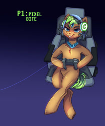 Size: 1113x1329 | Tagged: safe, artist:trojan-pony, oc, oc only, oc:pixel bite, armpits, collar, enhanced ponies, semi-anthro, sitting, solo, video game