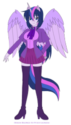 Size: 1756x3098 | Tagged: safe, artist:pyrus-leonidas, oc, oc only, oc:princess silvia, parent:flash sentry, parent:twilight sparkle, parents:flashlight, species:human, boots, clothing, horned humanization, humanized, looking at you, next generation, offspring, shoes, simple background, smiling, thigh boots, transparent background, winged humanization, wings