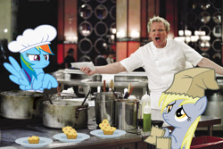 Size: 1200x800 | Tagged: safe, artist:danton-damnark, artist:greseres, artist:misteraibo, artist:normanb88, artist:zutheskunk edits, character:derpy hooves, character:rainbow dash, species:human, species:pegasus, species:pony, cooking, female, food, gordon ramsay, hell's kitchen, irl, irl human, mare, muffin, photo, ponies in real life