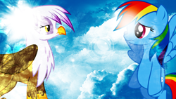 Size: 1920x1080 | Tagged: safe, artist:anxet, artist:penguinsn1fan, artist:zutheskunk edits, character:gilda, character:rainbow dash, species:griffon, species:pony, cloud, lens flare