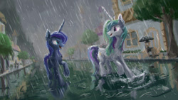 Size: 1280x720 | Tagged: safe, artist:plainoasis, character:princess celestia, character:princess luna, species:alicorn, species:pony, background pony, canterlot, clothing, duo focus, folded wings, looking at each other, missing accessory, rain, road, royal sisters, scenery, street, suit, town, umbrella, walking, water, wet mane