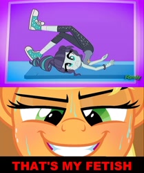 Size: 1109x1325 | Tagged: safe, artist:zutheskunk edits, edit, screencap, character:applejack, character:coloratura, species:pony, ship:rarajack, episode:epic fails, eqg summertime shorts, g4, my little pony: equestria girls, my little pony:equestria girls, bedroom eyes, blushing, female, image macro, imminent sex, lesbian, majestic as fuck, mare, meme, ouch, rara, shipping, smiling, smirk, sweat, teeth, that is my fetish, yoga