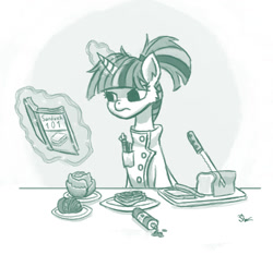 Size: 900x844 | Tagged: safe, artist:sensko, character:twilight sparkle, species:pony, book, bread, clothing, female, food, for science, knife, lab coat, lettuce, monochrome, ponytail, sandwich, simple background, solo, tomato, white background