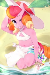 Size: 2000x3000 | Tagged: safe, artist:pijinpyon, oc, oc only, oc:honeycrisp blossom, parent:big macintosh, parent:princess cadance, parents:cadmac, species:anthro, species:earth pony, species:pony, armpits, beach, belly button, bikini, breasts, clothing, cute, delicious flat chest, female, freckles, hat, mare, midriff, ocean, solo, sun hat, swimsuit