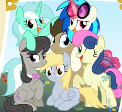 Size: 5094x4700 | Tagged: safe, artist:yaaaco, character:bon bon, character:derpy hooves, character:dj pon-3, character:doctor whooves, character:lyra heartstrings, character:octavia melody, character:sweetie drops, character:time turner, character:vinyl scratch, species:earth pony, species:pegasus, species:pony, species:unicorn, absurd resolution, background six, female, group, looking at you, male, mane six opening poses, mare, prone, smiling, stallion