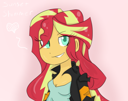 Size: 1361x1075 | Tagged: safe, artist:mildockart, character:sunset shimmer, my little pony:equestria girls, bust, clothing, colored pupils, female, gradient background, heart, jacket, looking at you, shirt, smiling, solo